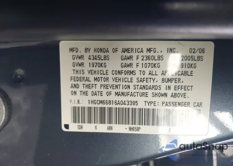2006 Honda Accord 3.0 Ex z USA, uszkodzony, nr VIN 1HGCM66816A043395